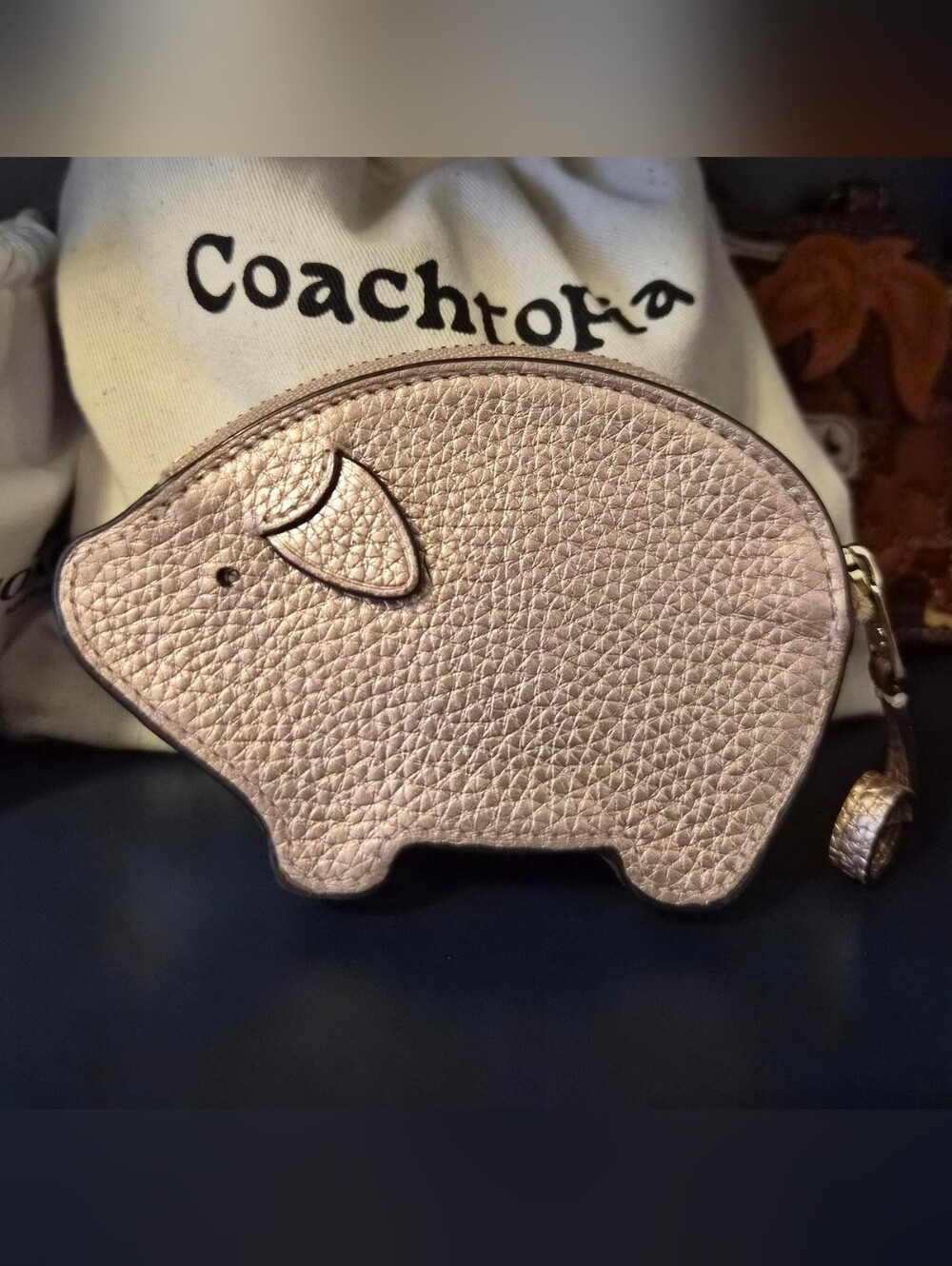 Coach Metallic Rose Gold Pebble Leather Piggy Coin Purse F79922